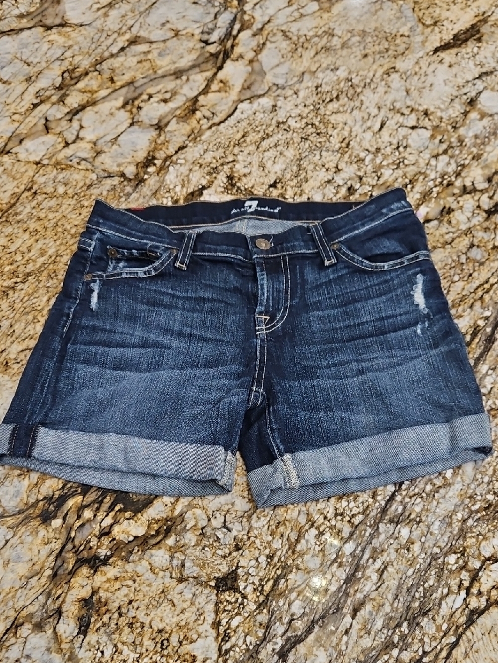 7 For All Mankind Dark Blue Rolled-Cuff Denim Shorts. Size 25 Inseam 4.5" Rise 6